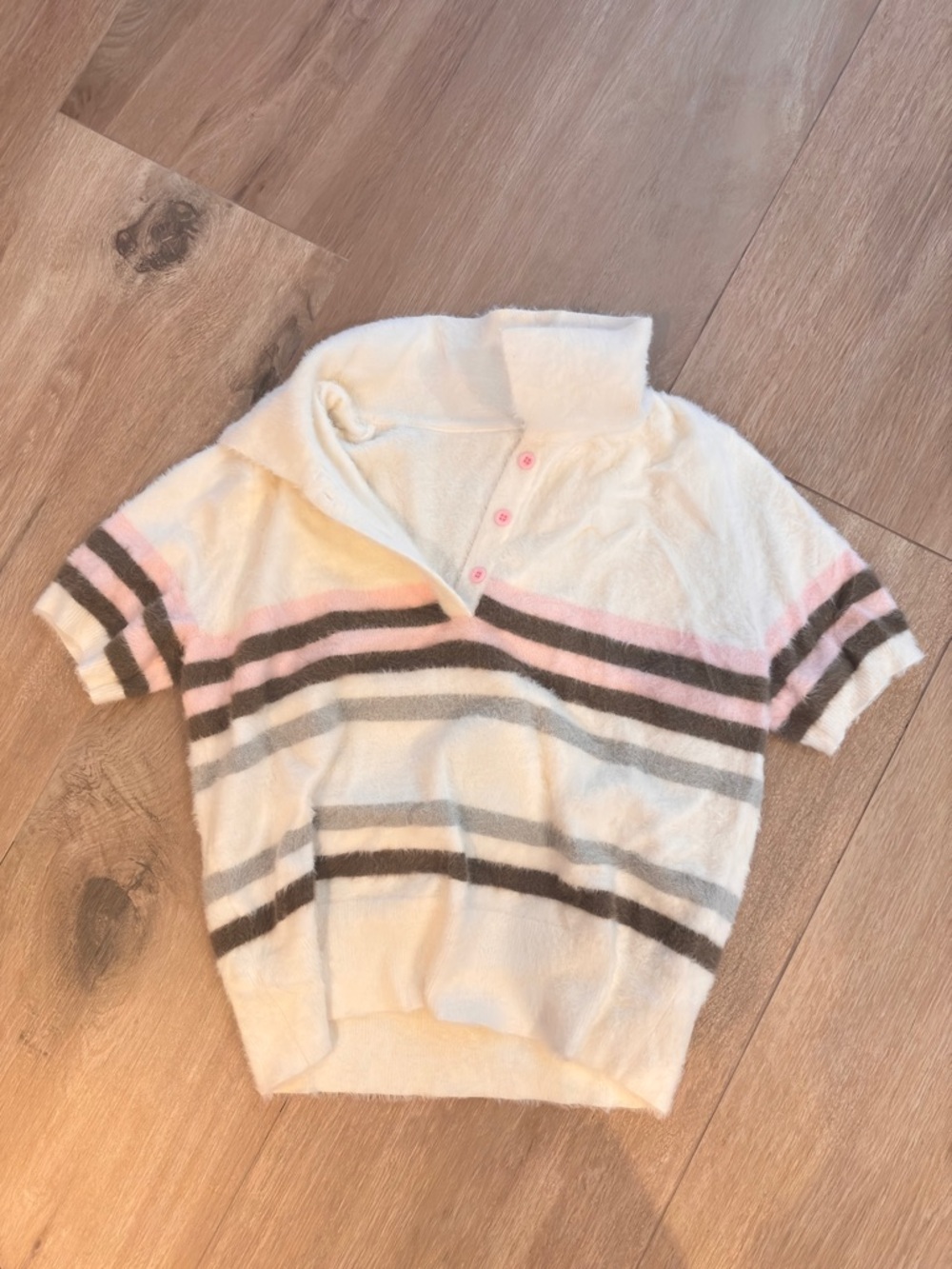 Cream Polo Sweater with Pink and Gray Stripes